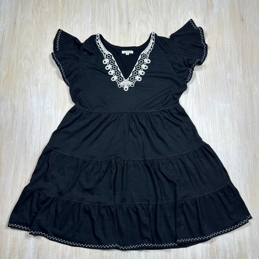 Max Studio Black Flutter Embroidered Tiered Ruffle Romantic Boho V-Neck Dress XL